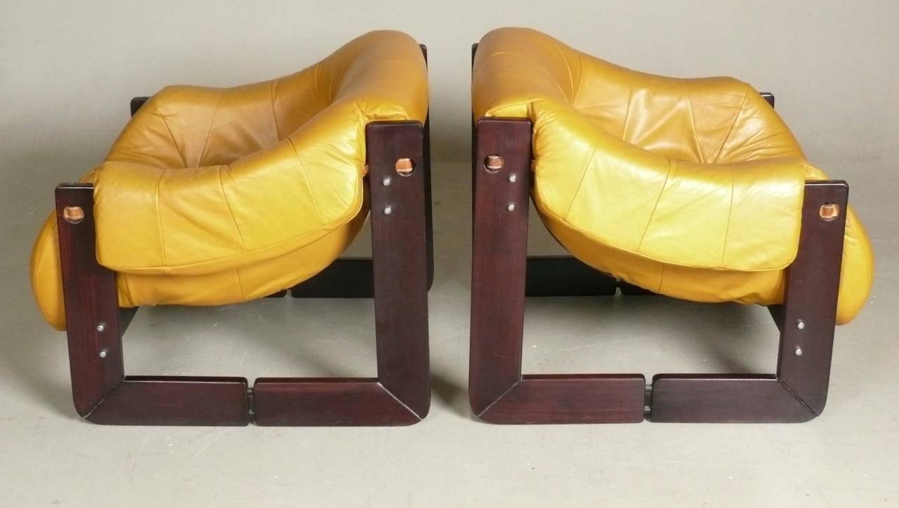 Late 20th Century Pair of Leather and Rosewood Lounge Chairs by Percival Lafer