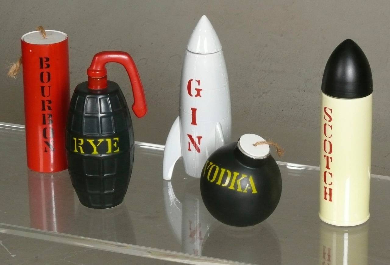 Rare Set 1960s Cold War Ammunition Decanters, Bar Set