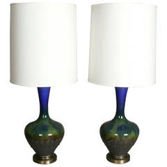 Pair Of 1960s Drip Glaze Ceramic Lamps With New Linen Shades