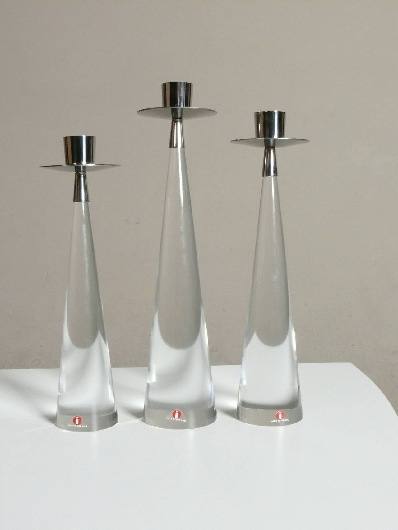Trio of Glass and Stainless Candleholders by Timo Sarpaneva for Iittala In Excellent Condition In Atlanta, GA