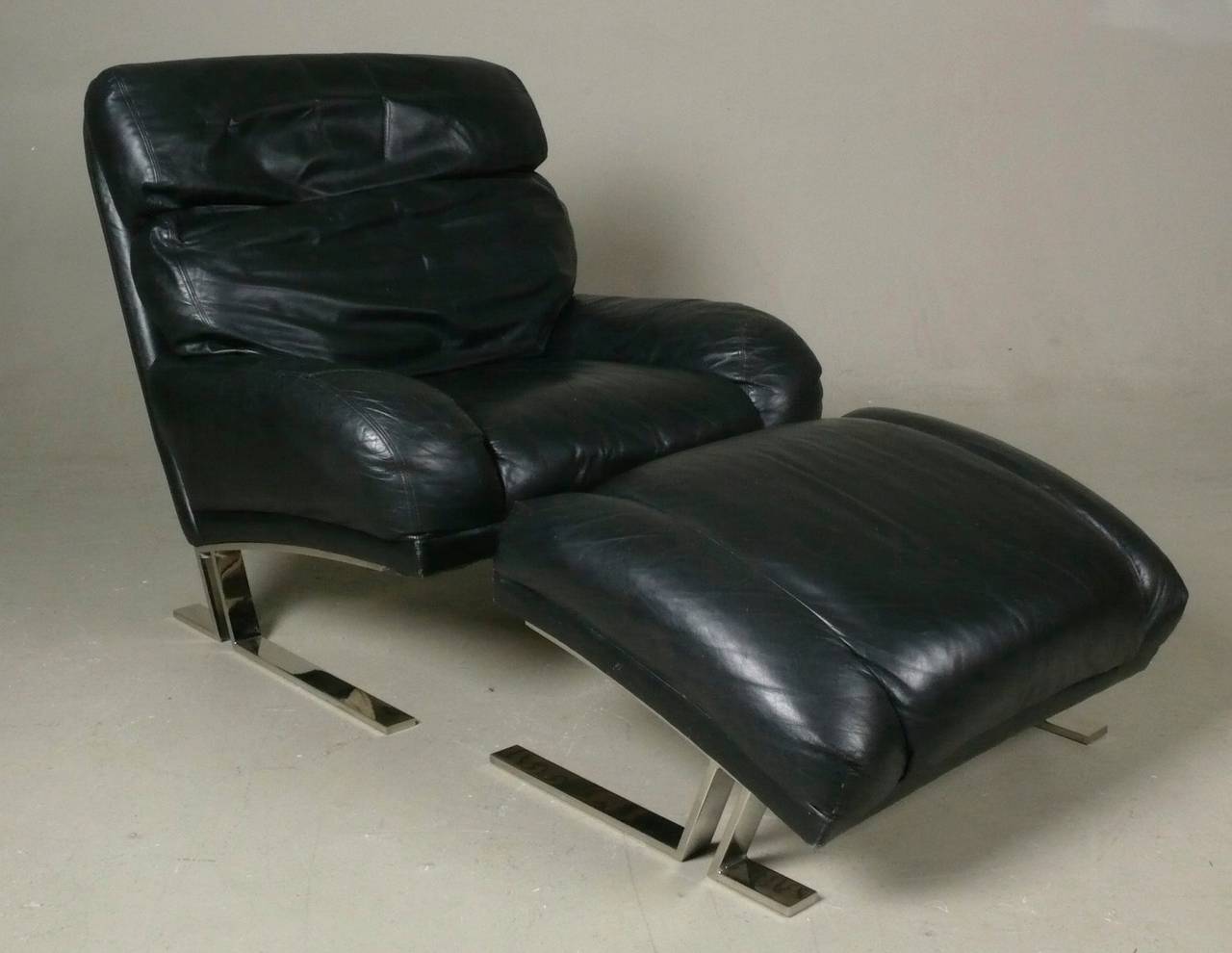 North American Leather and Chrome Lounge Chair and Ottoman by Milo Baughman