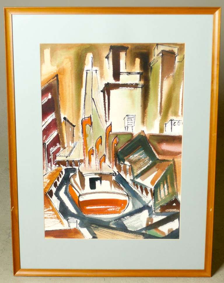 Dynamic, original watercolor by the dean and professor emeritus of Auburn University school of architecture (1968-1987), E. Keith McPheeters (1924-2008). Signed, dated 1950, and in original frame. 

McPheeters served in World War II then came home