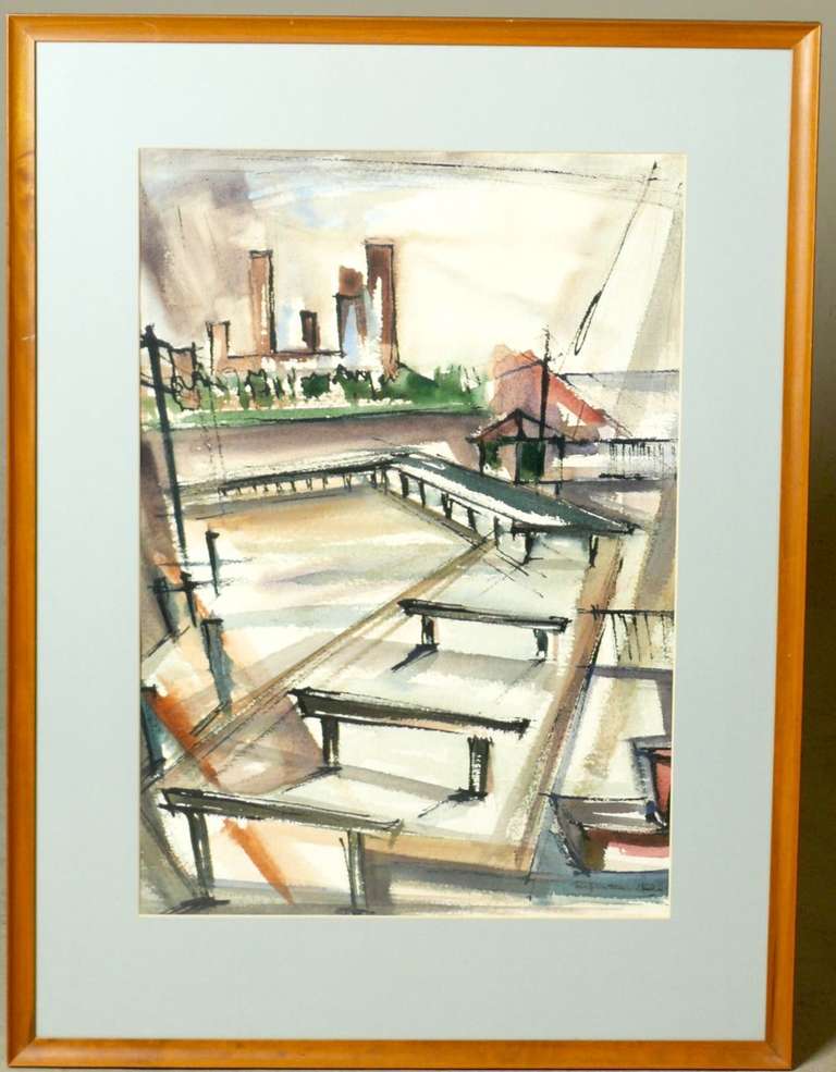 Dynamic, original watercolor by the dean and professor emeritus of Auburn University schoolof architecture (1968-1987), E. Keith McPheeters (1924-2008). Signed, dated 1950, and in original frame.

McPheeters served in World War II then came home