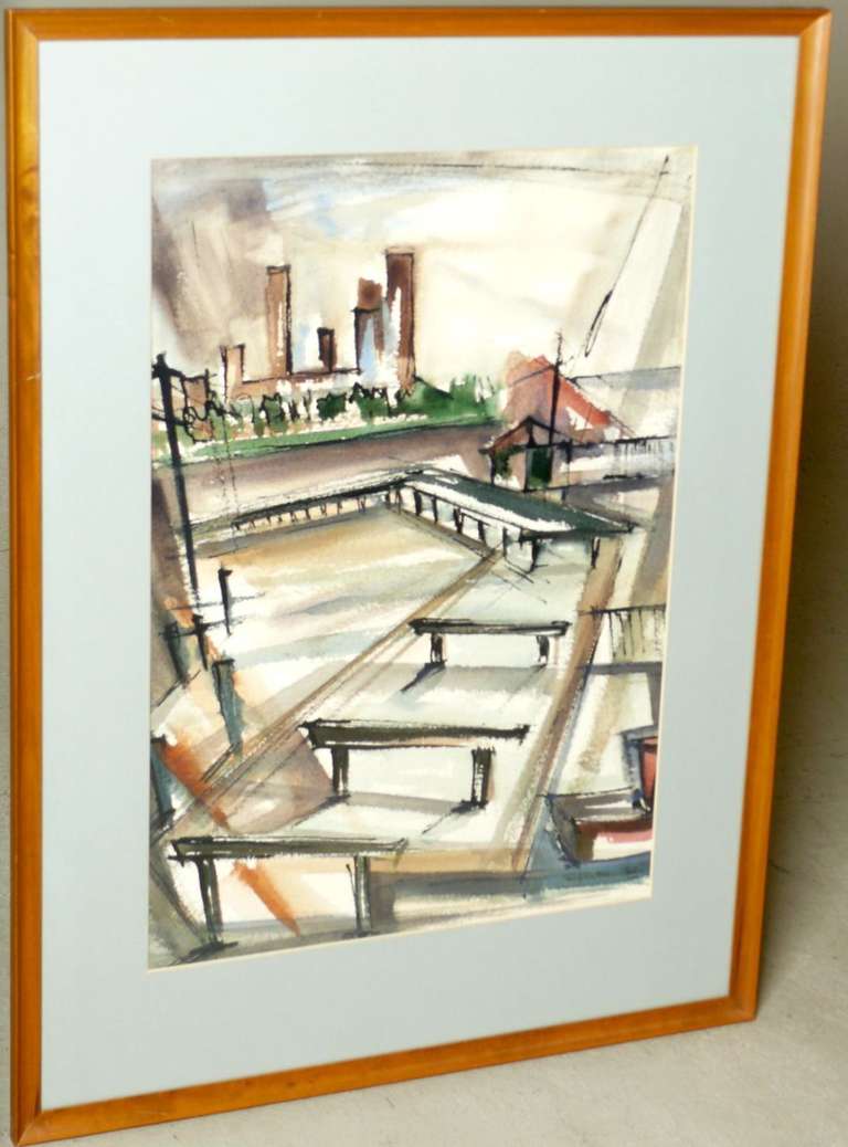 Mid-Century Modern Dynamic Watercolor by E. Keith McPheeters, 1951 For Sale