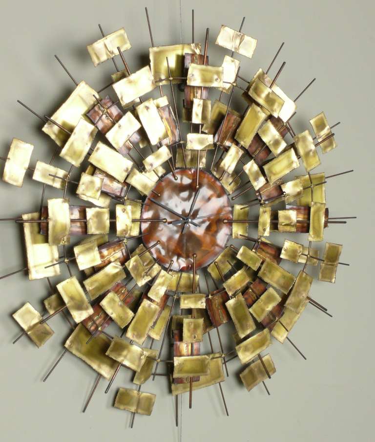 Mid-Century Modern Large 1960's Signed Brass & Copper Wall Clock Sculpture
