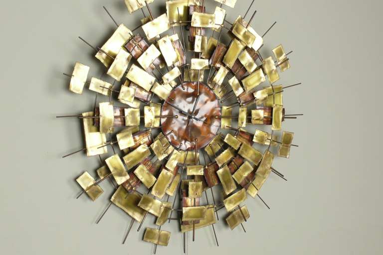 Large 1960's Signed Brass & Copper Wall Clock Sculpture In Excellent Condition In Atlanta, GA