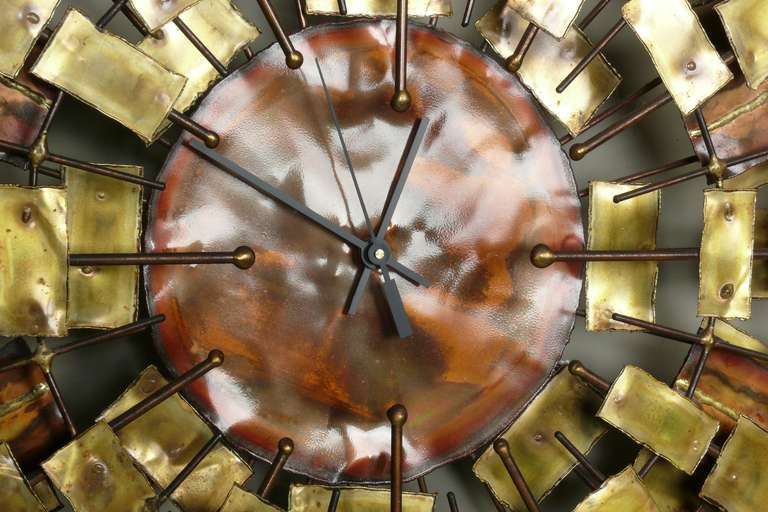 American Large 1960's Signed Brass & Copper Wall Clock Sculpture