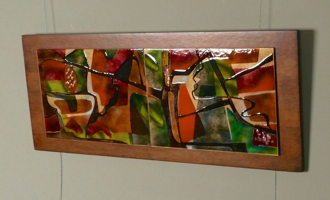 Mid-Century Modern Abstract Enamel Panels on Walnut Wall Art For Sale