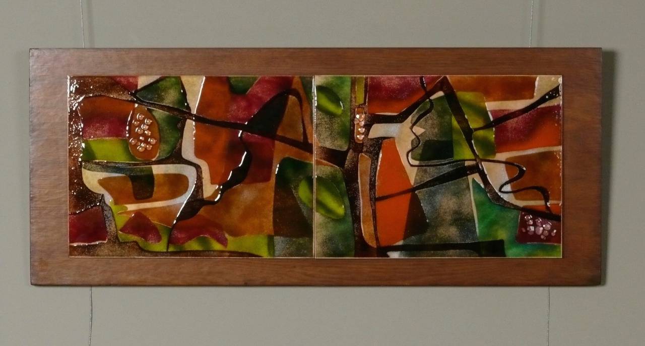 Abstract Enamel Panels on Walnut Wall Art In Excellent Condition For Sale In Atlanta, GA