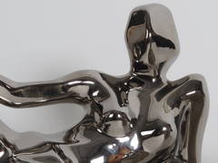 Pair of Metallic Chrome Glazed Ceramic Cubist Nudes Form Sculptures by Jaru