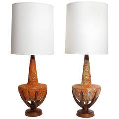 Monumental Pair of Orange Lava Glaze and Walnut Lamps