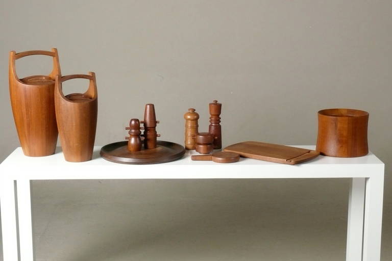 This is only a small group of our large collection of early, vintage Dansk pieces.  All pieces designed by Jens Quistgaard, and of staved teak and rare woods. Please inquire for full list of prices. Large ice bucket - $475, small is sold.