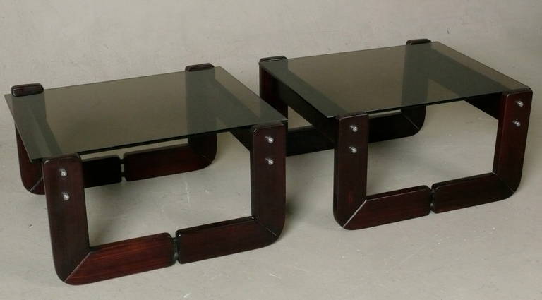 Pair of 1970s rosewood & smoked glass end tables with chrome details from Brazil by Percival Lafer.
These tables are located off site.Please contact City Issue for an appointment to view at showroom.