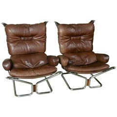 Pair of Nowegian Rosewood, Chrome, & Leather Sling Chairs
