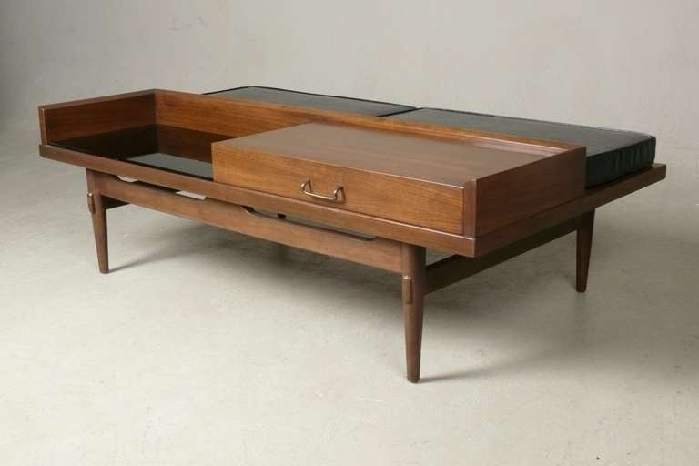 Rare design 1960s 2 seat bench / table in walnut with 1 drawer,2 removable cushions & removable black glass table top by American of Martinsville.
