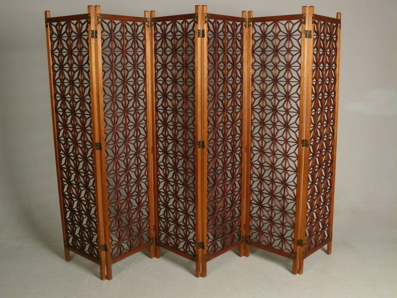 20th Century Geometric 6-Panel Teak Folding Screen with Brass Details