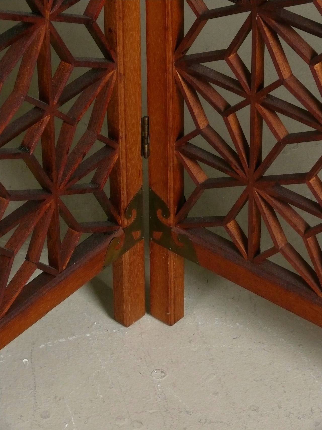 Geometric 6-Panel Teak Folding Screen with Brass Details 2