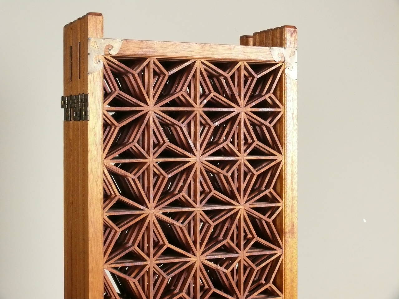 Geometric 6-Panel Teak Folding Screen with Brass Details 5