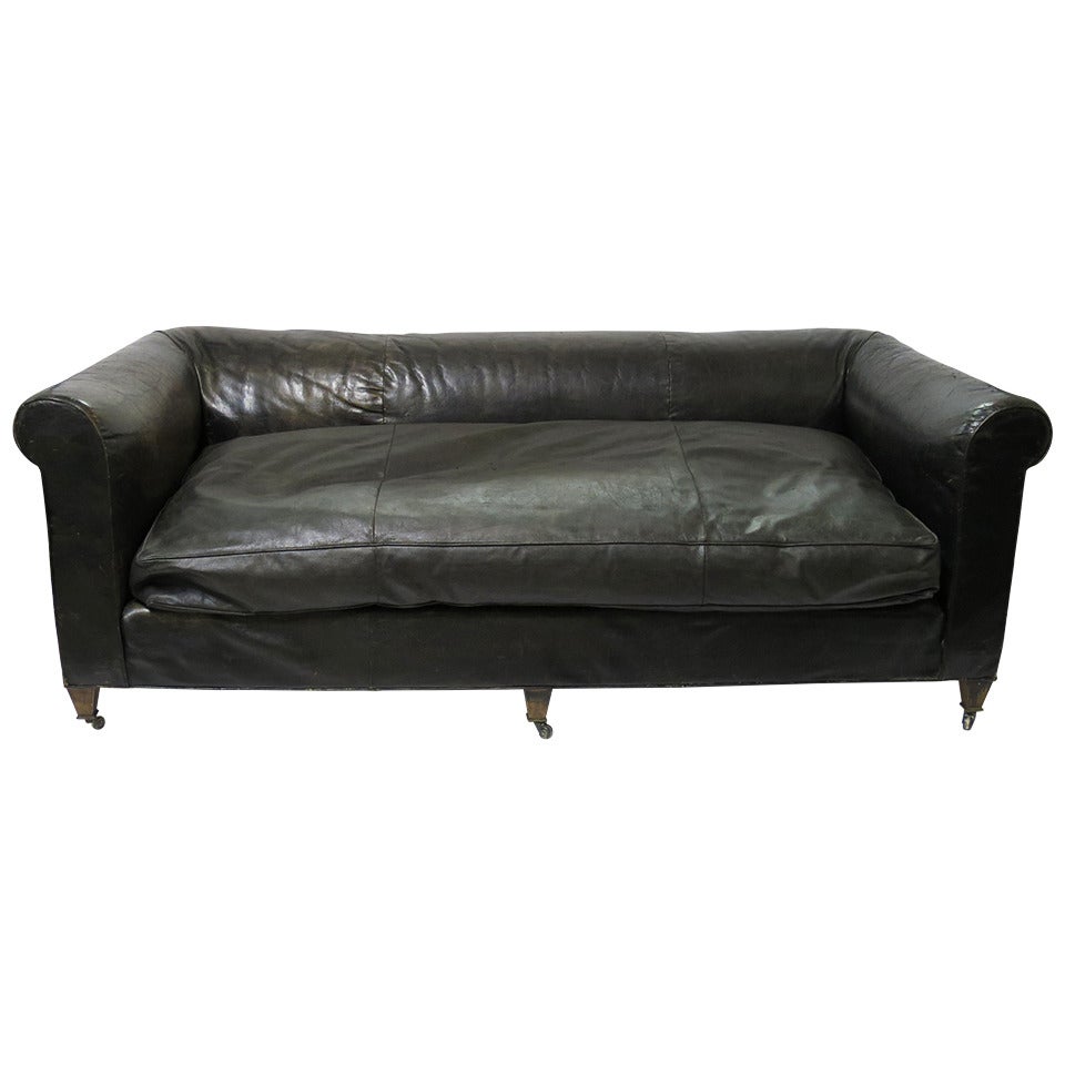 French Rolled Arm Leather Sofa by Maison Carlhian