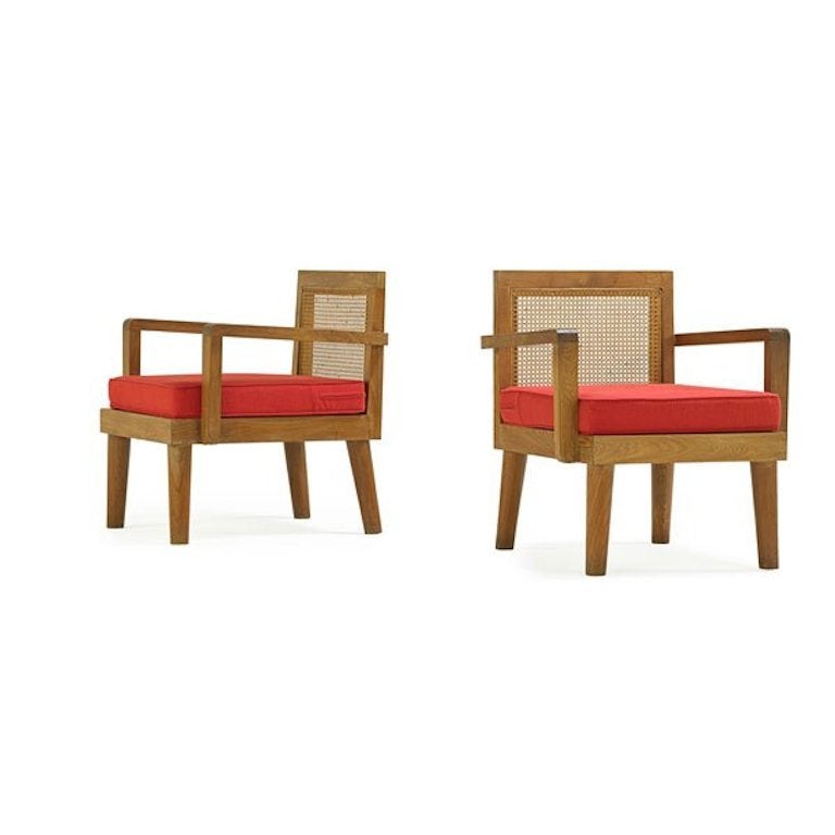 French Teak and Cane Lounge Chairs
