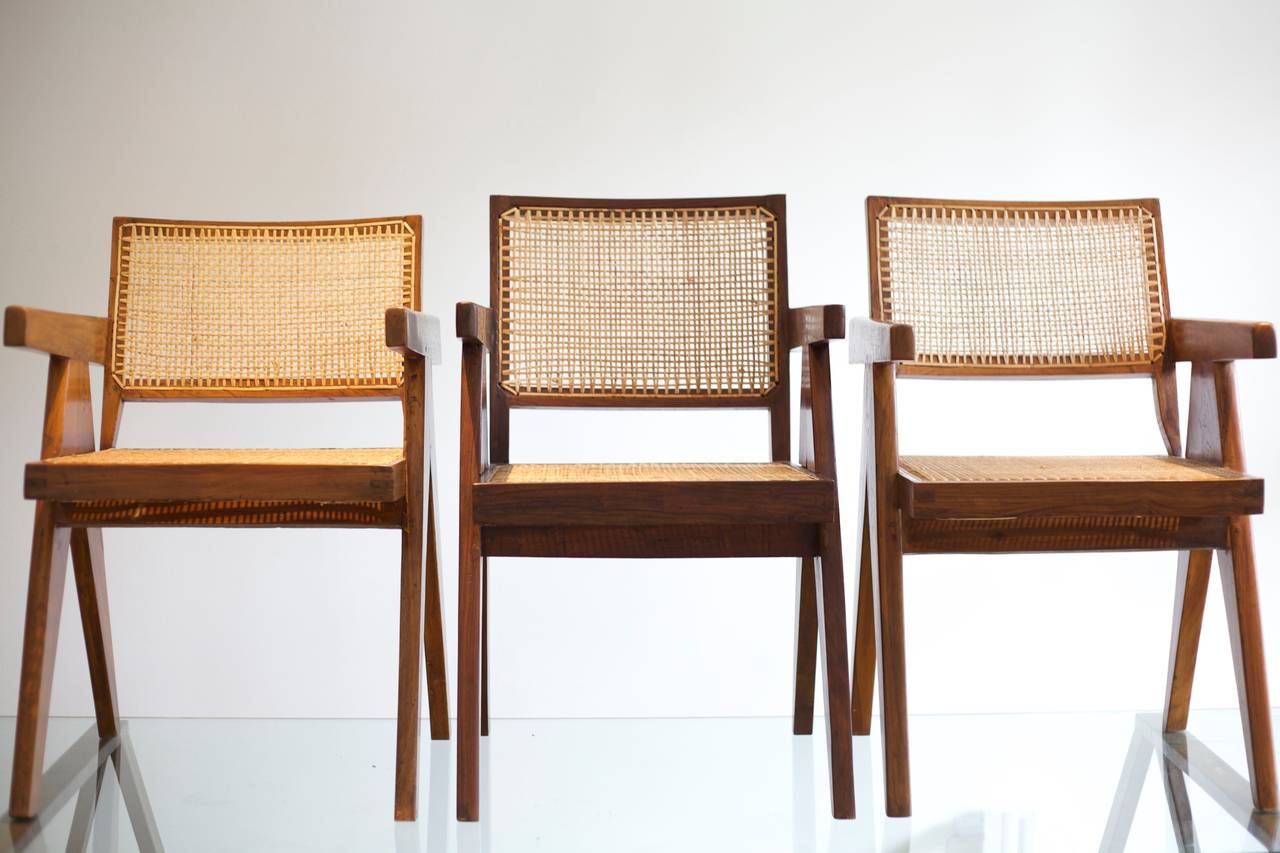 Woven Set of Six Pierre Jeanneret Office Armchairs