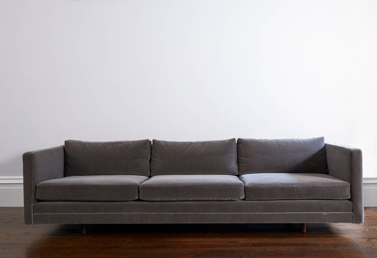 The three-seat sofa by Harvey Probber reupholstered in mohair.