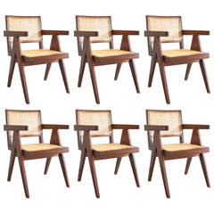 Set of Six Pierre Jeanneret Office Armchairs