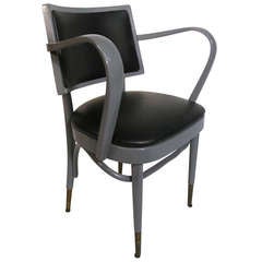 Hoop Arm Chair with Brass Feet and Black Leather Upholstery