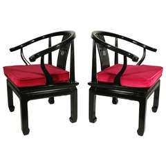 Pair of Black Lacquered Ming-Style Petite Arm Chairs with Fuschia Cotton Velvet