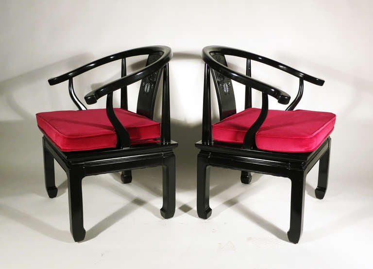 Pair of Black Lacquered Ming-Style Petite Arm Chairs with Fuschia Cotton Velvet