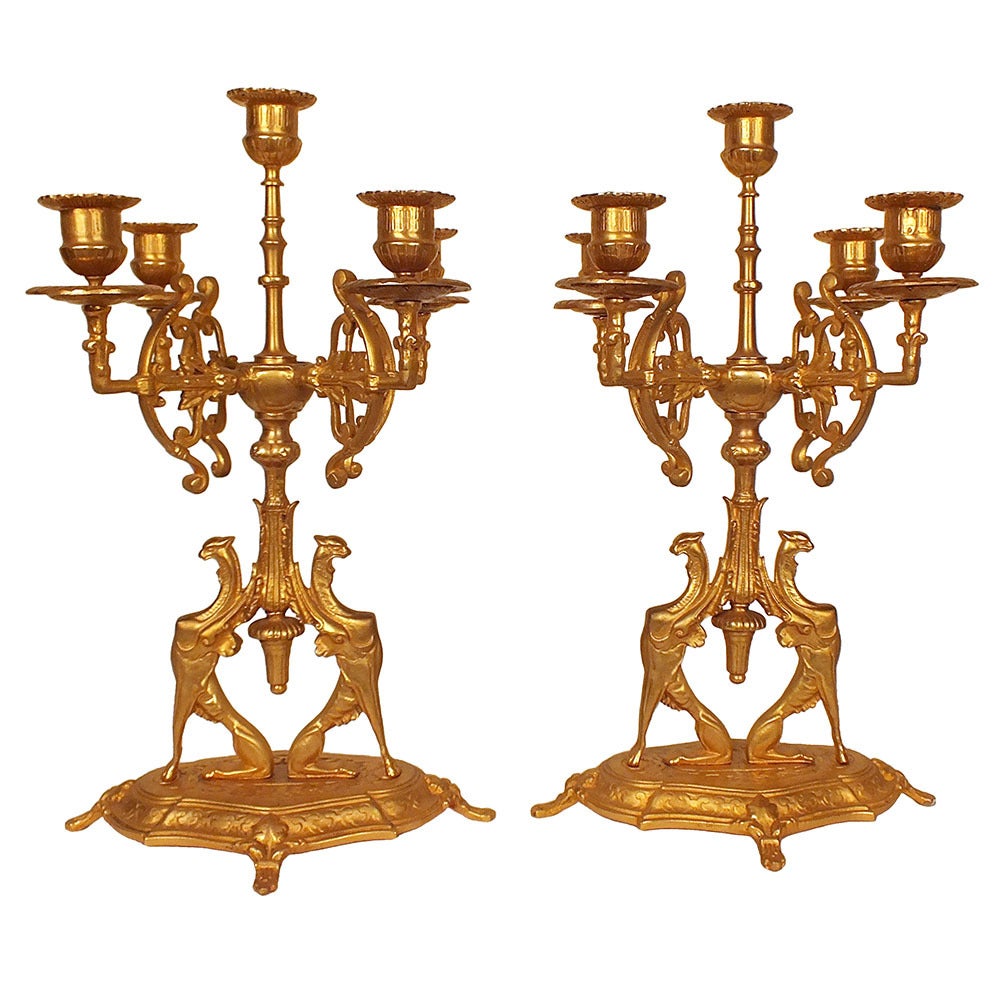 Pair of Empirestyle Gold Plated Candelabras For Sale at 1stdibs