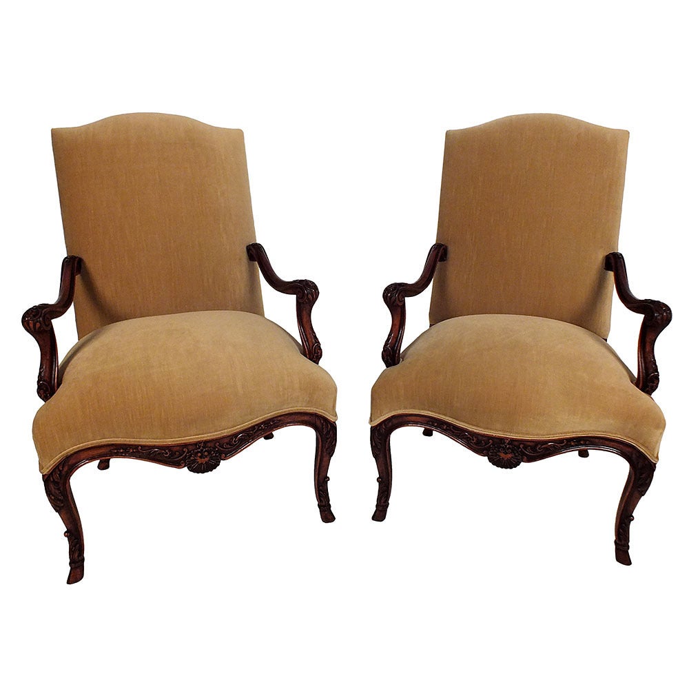 Pair of French Carved Louis XV-Style Armchairs