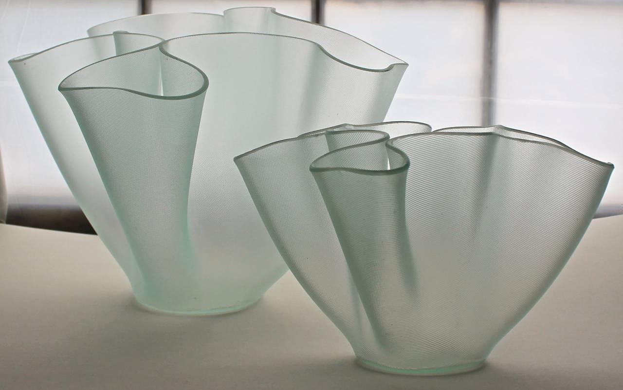 Two vases of frosted textured glass.  The larger 9.63