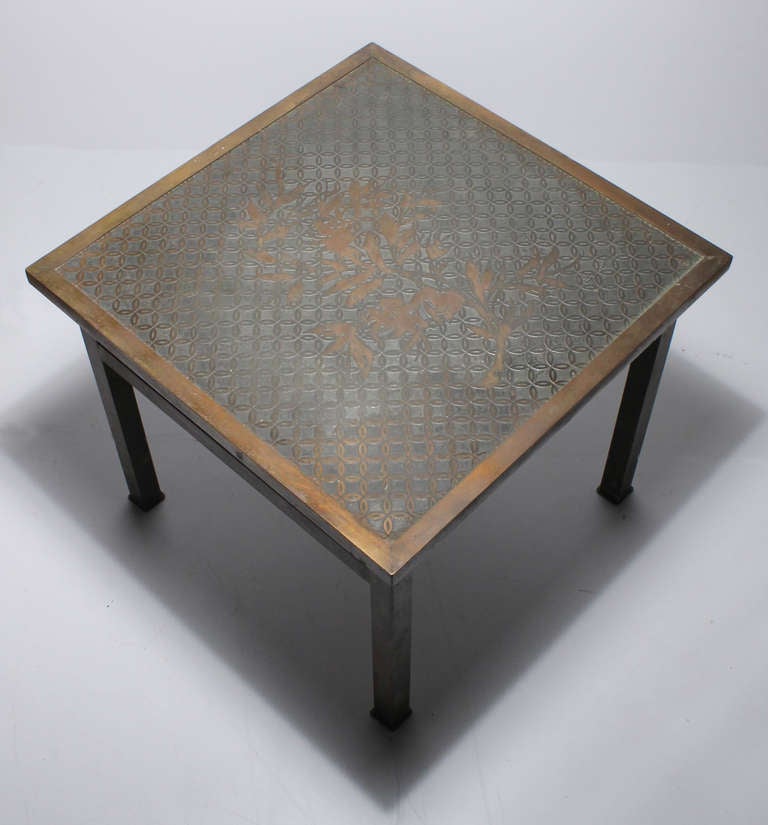 Philip & Kelvin LaVerne side tables with abstract pattern, signed. 