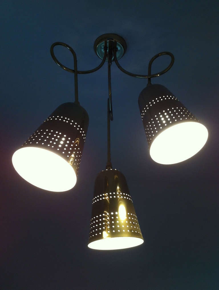 Mid-Century Modern Vintage Brass Triple Pendant Lamp Chandelier in Style of Tynell for Lightolier