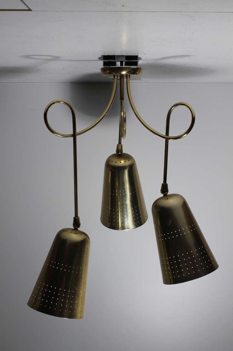 Vintage Brass Triple Pendant Lamp Chandelier in Style of Tynell for Lightolier 4
