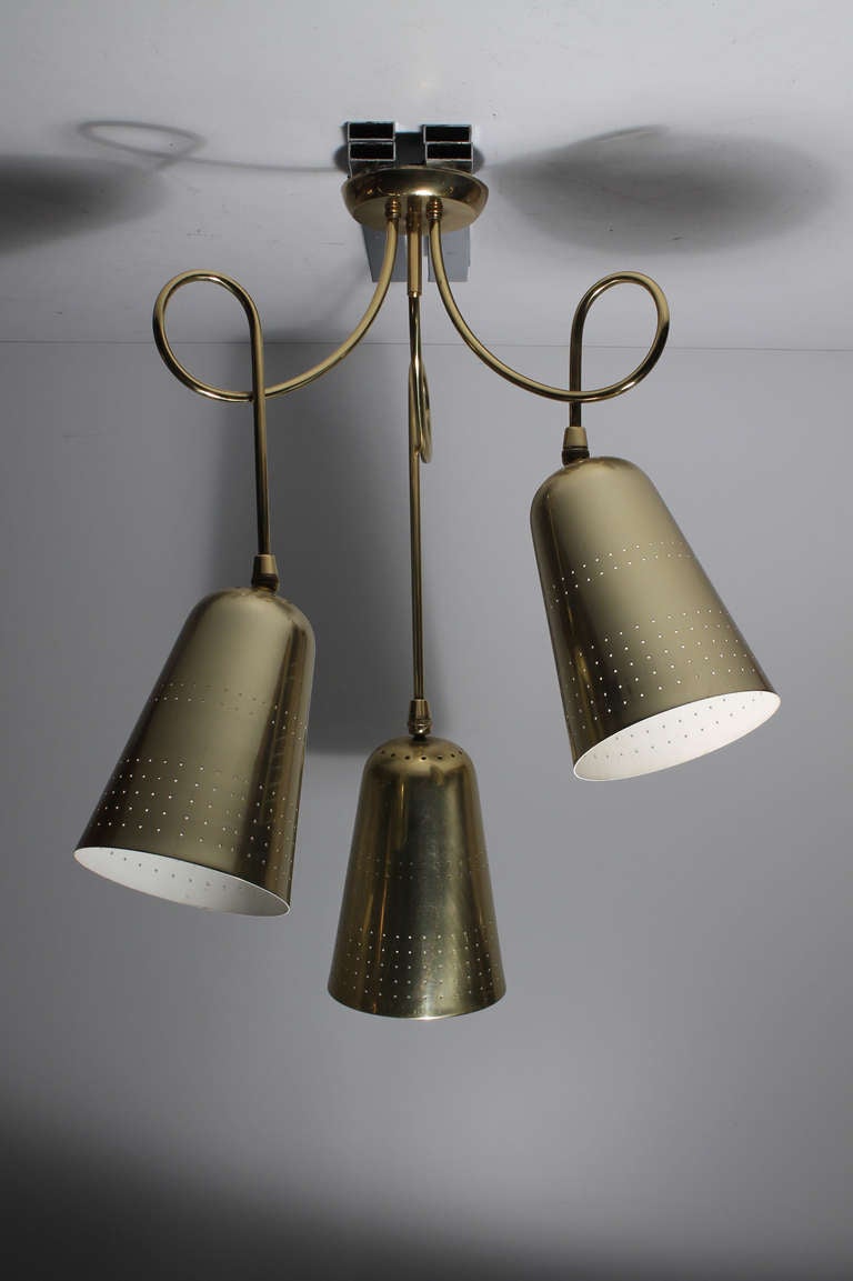 Unknown Vintage Brass Triple Pendant Lamp Chandelier in Style of Tynell for Lightolier