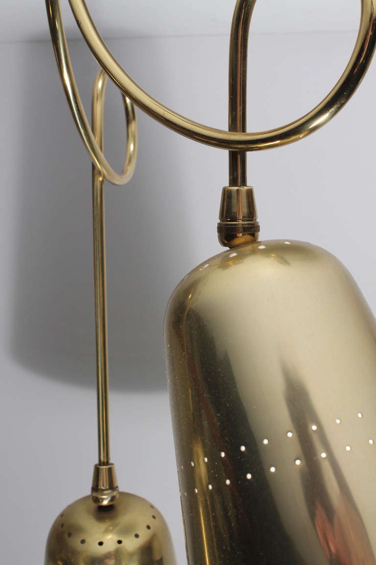 20th Century Vintage Brass Triple Pendant Lamp Chandelier in Style of Tynell for Lightolier