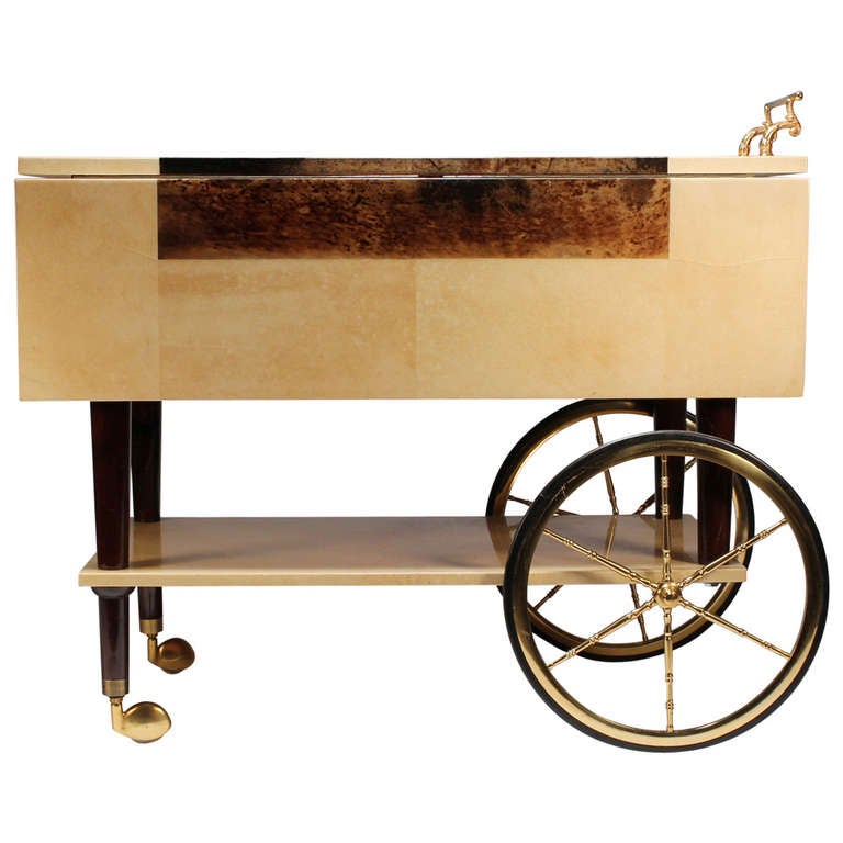Aldo Tura Goatskin Drop-Leaf Serving Cart/Bar