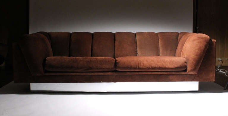 Pair of Vintage Rich Brown Suede sofas by Jules Heumann for Metro (Metropolitan Furniture Corporation - San Francisco). Tags attached to one sofa. dated 1976. Rectangular box form supported on a chromed steel over wood base. Beautiful proportions