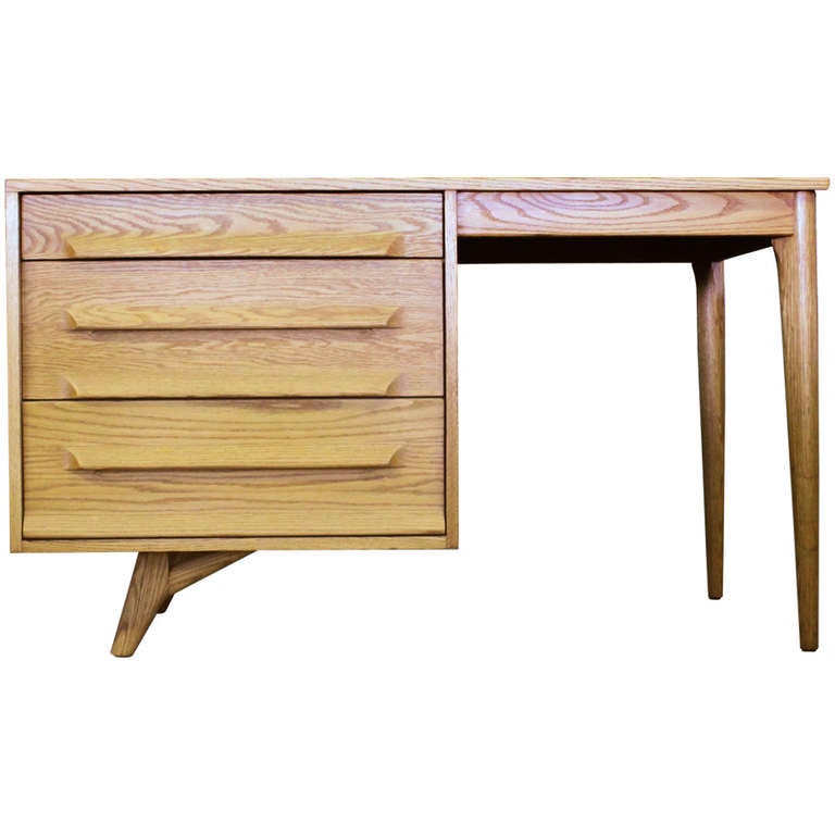 Mid century Desk or Vanity with Sculptural carved wood drawer fronts by Jack Van der Molen for Jamestown Lounge. This desk was part of the successful 