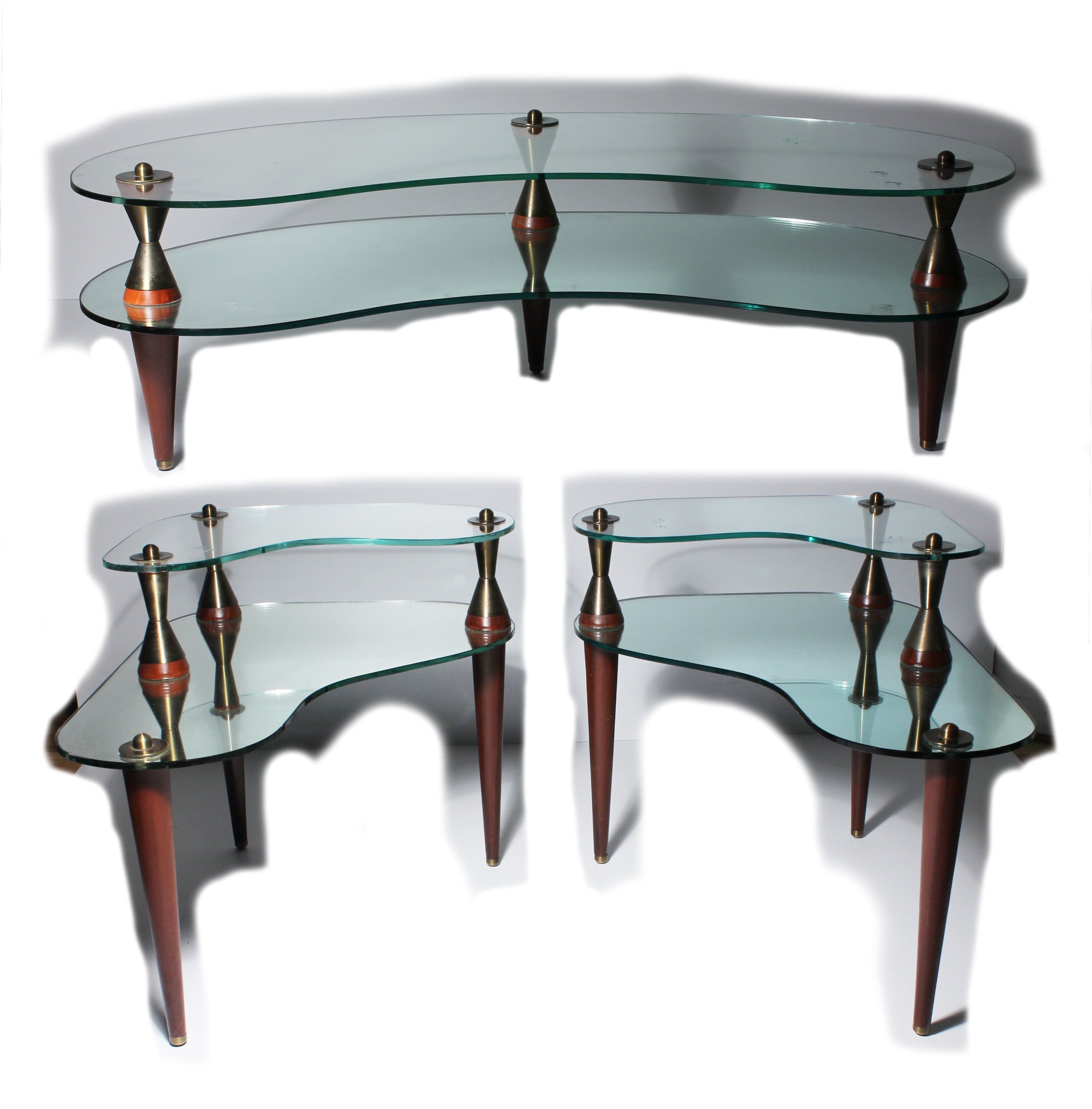 Italian Atomic Kidney shaped Mirror & Glass Coffee / End Tables Suite
