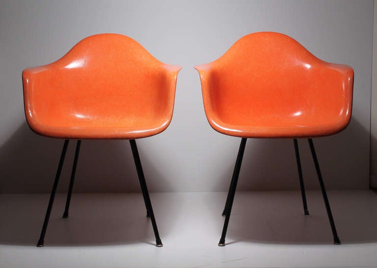 Excellent early example of a pair of Transitional Herman Miller Dax red/orange armshell chairs. All original. Early black X-base with large shock mounts. Shells are non-rope edge. Rectangular Venice labels attached on underside of each fiberglass