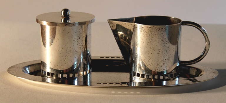 Silver plate Cream Sugar and Tray. designed by the Post-Modern Architect Richard Meier for Swid Powell. Tray is 10.5