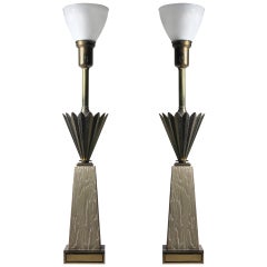 Pair of Stiffel Table Lamps with Deco Hollywood Regency Style Glass Diffusers