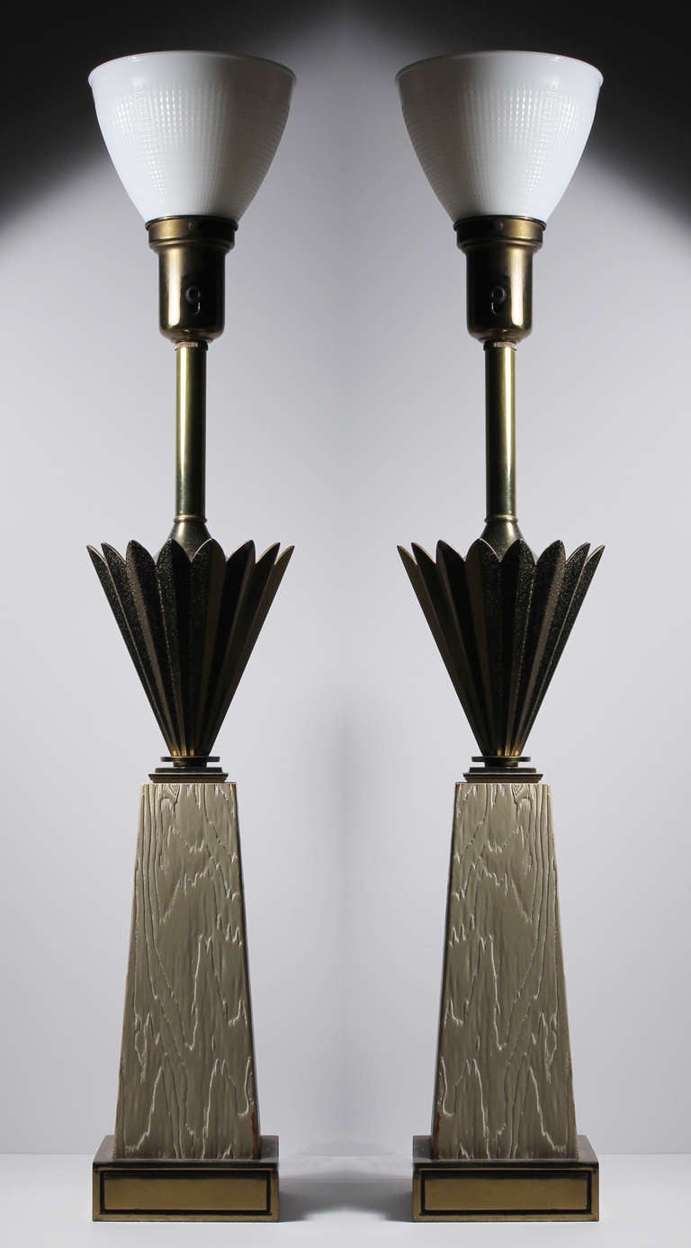 Pair of Stiffel Table Lamps with Deco Hollywood Regency Style Glass