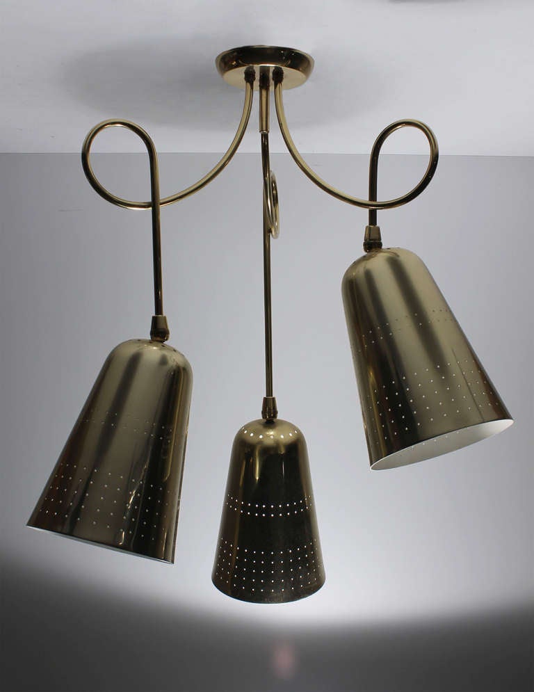 A Mid-Century vintage ceiling fixture. Unmarked. 

Each shade pivots for Directional lighting,
each arm hangs a little lower. Three total lengths.

Each shade is 9