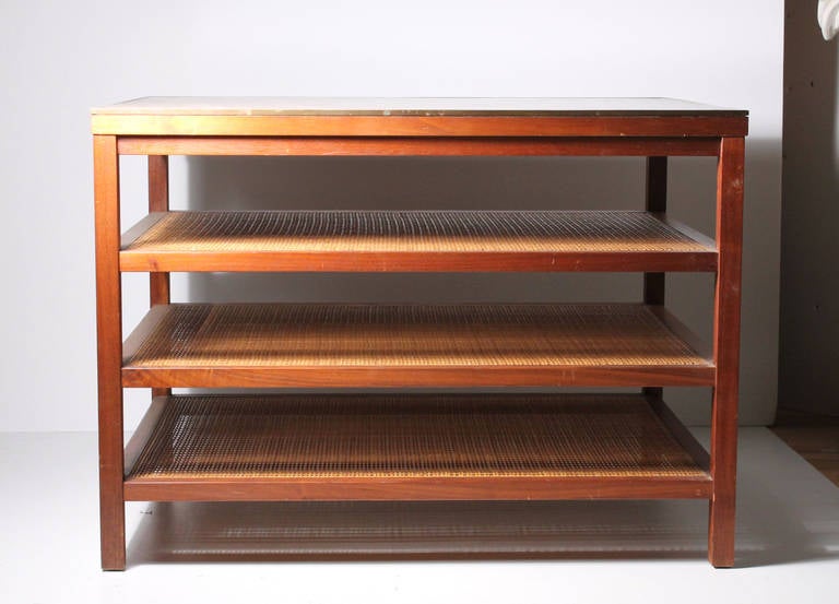 Paul McCobb Magazine Table - Cane Shelving / Leather Top In Good Condition In Chicago, IL