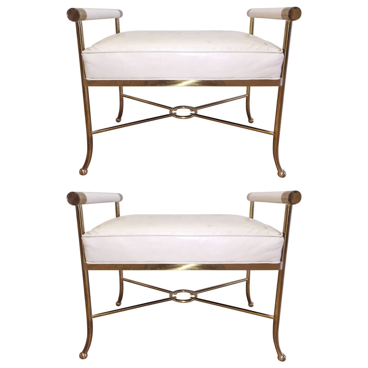 Matched Pair Hollywood Regency Designer Leather Stools Benches / Tommi Parzinger For Sale