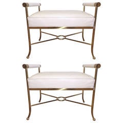 Matched Pair Hollywood Regency Designer Leather Stools Benches / Tommi Parzinger 4
